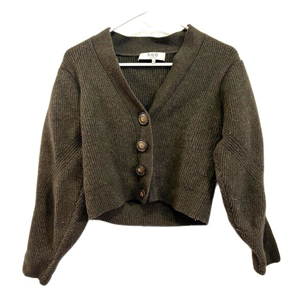 SEA New York Green Balloon Sleeve Ribbed Wool Cardigan Top   Women's Size Medium - Picture 1 of 9